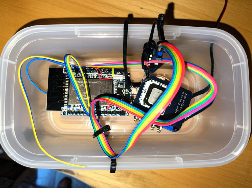 Before: electronics in a food container